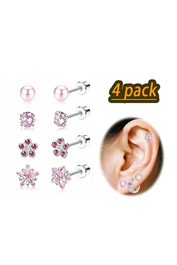 Women Hypoallergenic Screw Back Stud Earrings, 316L Surgical Stainless Steel Heart CZ Flower Pearl Ball Tiny Screwback Piercing Earrings for Adult Ladies