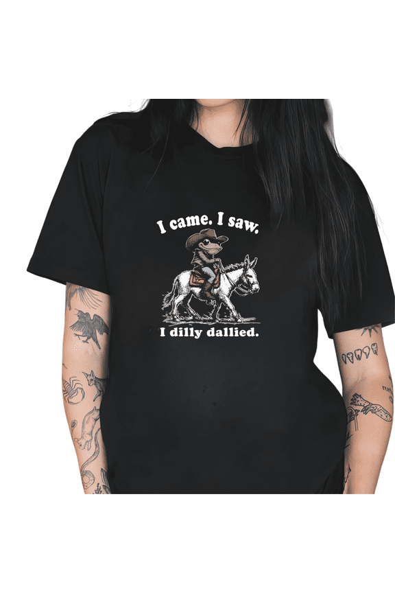 Women I Came I Saw I Dilly Dallied Cowboy Frog Graphic Tees T Shirt Tops Crew Neck Printed Cotton T Shirt Black S-5XL