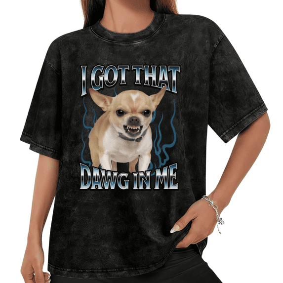 Women I Got That Dawg In Me Tan Chihuahua Blue Flame Graphic Tees T Shirt Tops Round Neck Cotton Washed T Shirt Black S-2XL Plus Size