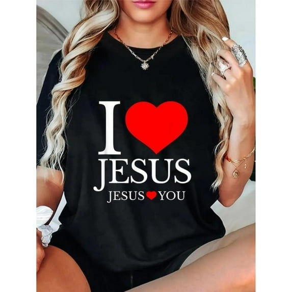 Women I Love Jesus Graphic Cotton T Shirt Casual Comfortable Short Sleeve Round Neck Top Black S-5XL