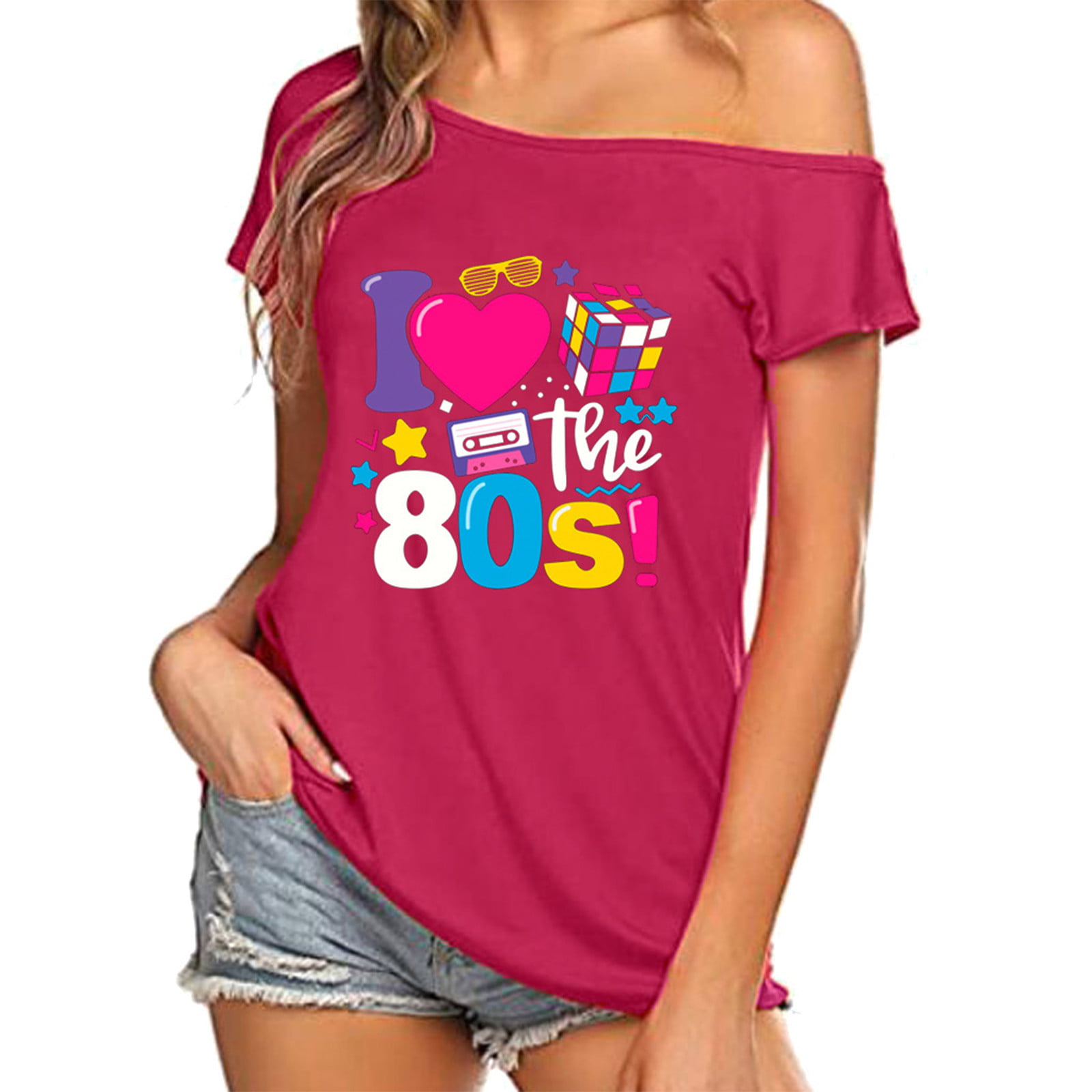 Women I Love 80s Print TShirts Off The Shoulder Disco 80s Topst-shirt mens women toddler youth adult graphic t-shirts long sleeve hop band - Walmart.com