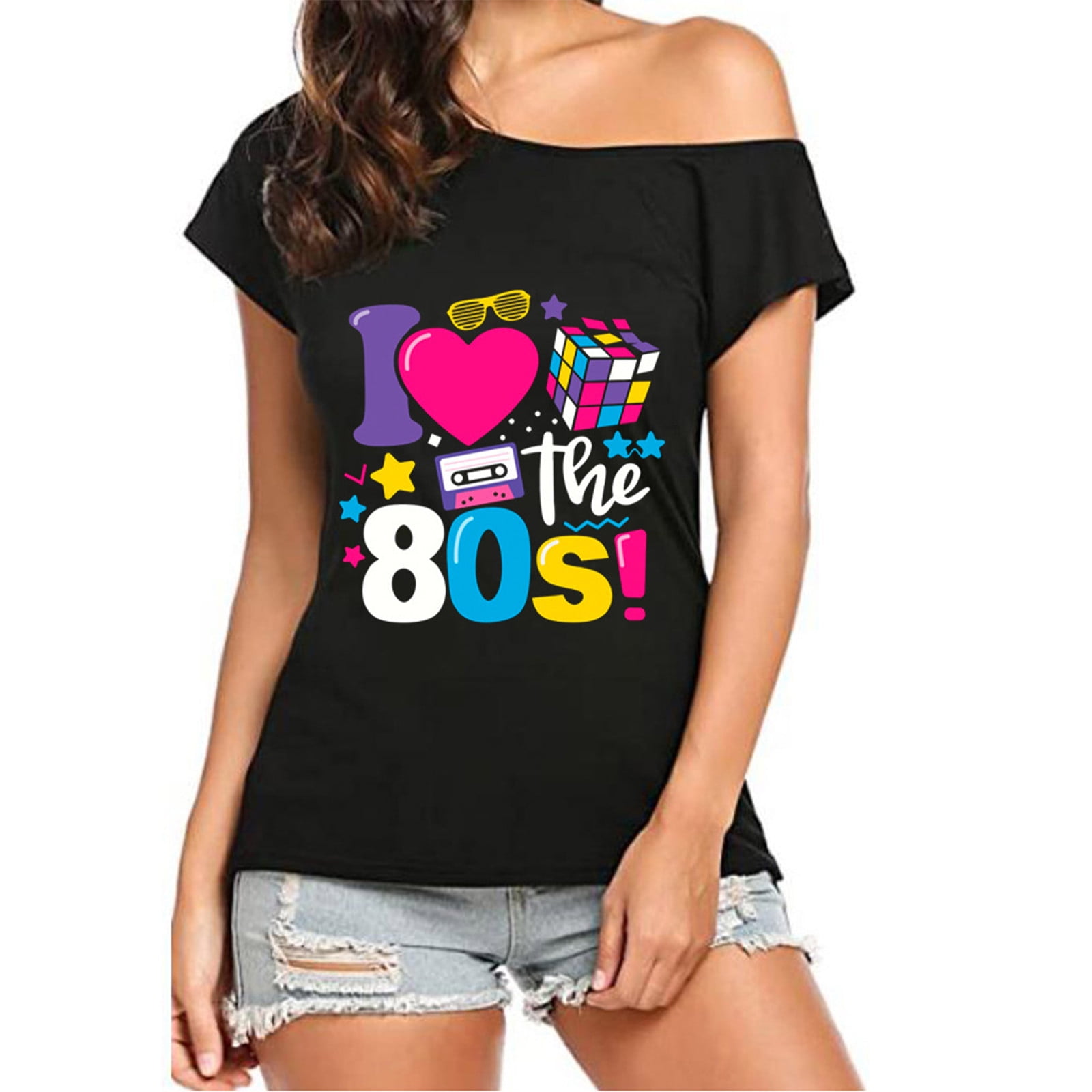  Unittype Women's I Love the 80's off the Shoulder Tops 80s  Outfit Sweatshirt 80 Styles Clothing for Women Party Outfits Black Tunics 80s  Costumes T Shirts : Clothing, Shoes & Jewelry