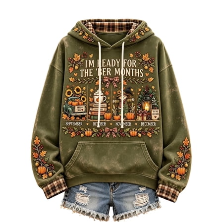 ESKMOOM Women I'm Ready For The Ber Months Graphic Hoodie, Plaid Cuff Fall Pullover, Long Sleeve Loose Fit Seasonal Sweatshirt for Holiday Daily Wear 2XL