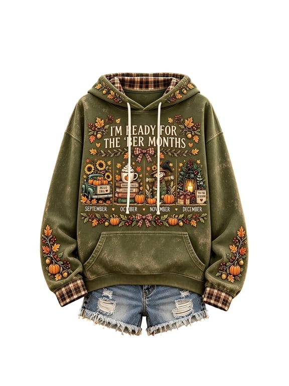 Women I'm Ready For The Ber Months Graphic Hoodie, Plaid Cuff Fall Pullover, Long Sleeve Loose Fit Seasonal Sweatshirt for Holiday Daily Wear 2XL