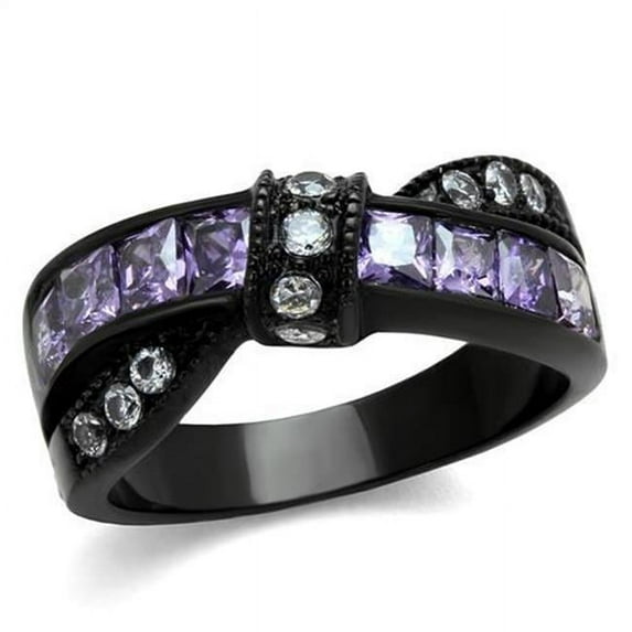 Women IP Black Stainless Steel Ring with AAA Grade CZ in Amethyst - Size 6