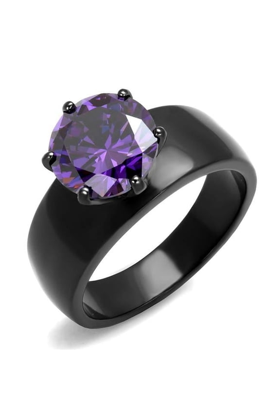 Women IP Black Stainless Steel Ring with AAA Grade CZ in Amethyst - Size 9