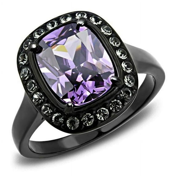 Women IP Black Stainless Steel Ring with AAA Grade CZ in Amethyst - Size 9