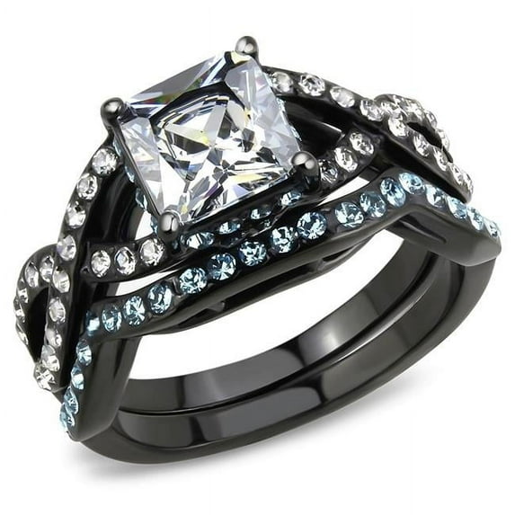 Women IP Black Stainless Steel Ring with AAA Grade CZ in Clear - Size 10
