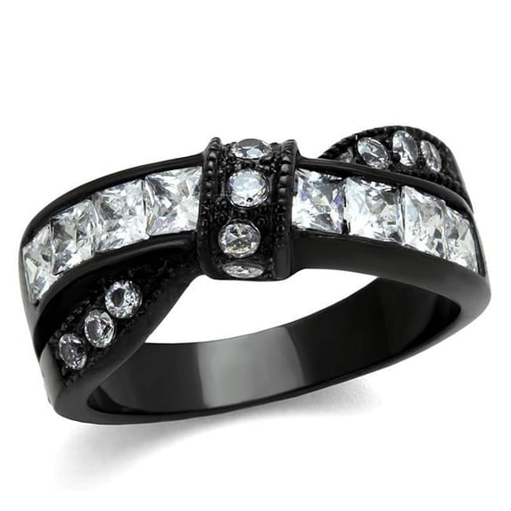 Women IP Black Stainless Steel Ring with AAA Grade CZ in Clear - Size 6