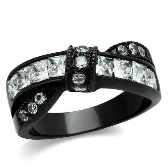 Women IP Black Stainless Steel Ring with AAA Grade CZ in Clear - Size 8