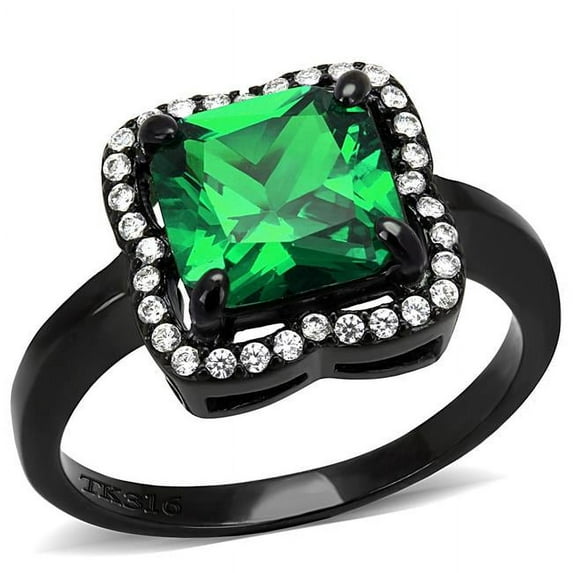 Women IP Black Stainless Steel Ring with AAA Grade CZ in Emerald - Size 6