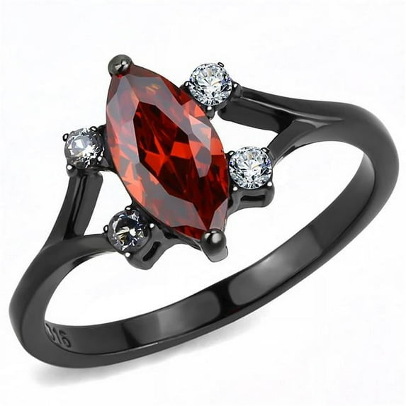 Women IP Black Stainless Steel Ring with AAA Grade CZ in Garnet - Size 5