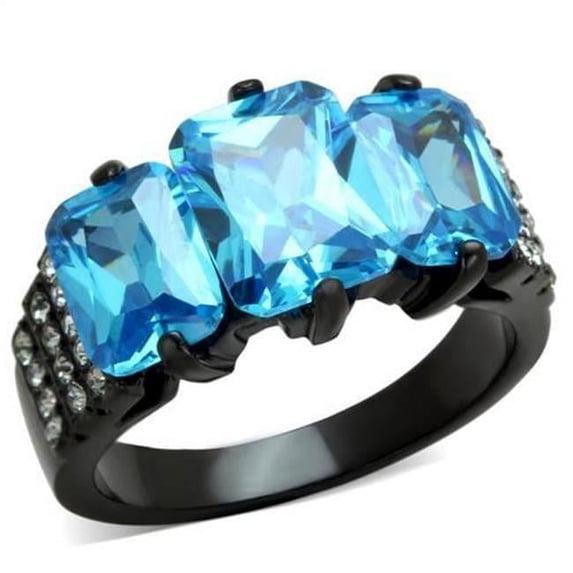 Women IP Black Stainless Steel Ring with AAA Grade CZ in Sea Blue - Size 7