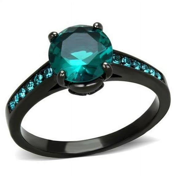 Women IP Black Stainless Steel Ring with Synthetic in Blue Zircon - Size 6
