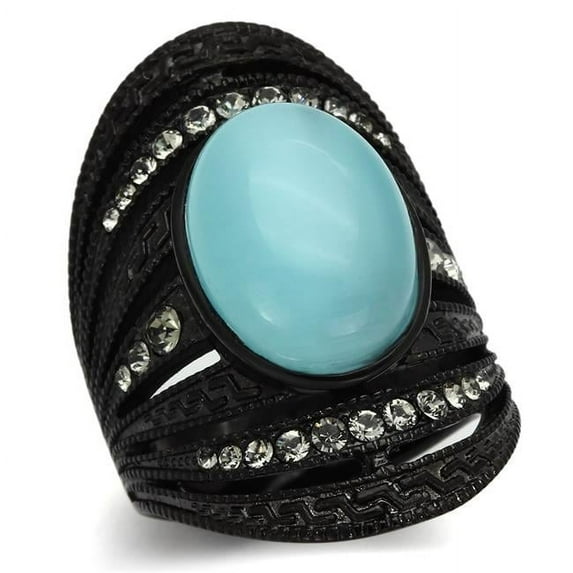 Women IP Black Stainless Steel Ring with Synthetic in Sea Blue - Size 9