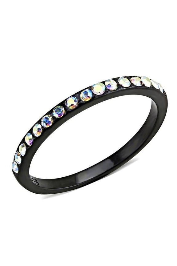Women IP Black Stainless Steel Ring with Top Grade Crystal in Aurora Borealis Rainbow Effect - Size 5