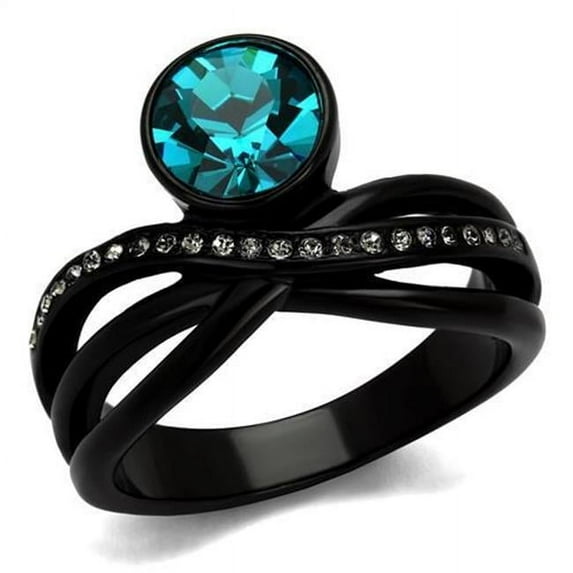 Women IP Black Stainless Steel Ring with Top Grade Crystal in Blue Zircon - Size 6