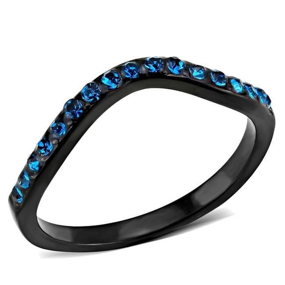 Women IP Black Stainless Steel Ring with Top Grade Crystal in Blue Zircon - Size 6