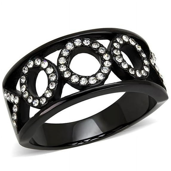 Women IP Black Stainless Steel Ring with Top Grade Crystal in Clear - Size 5