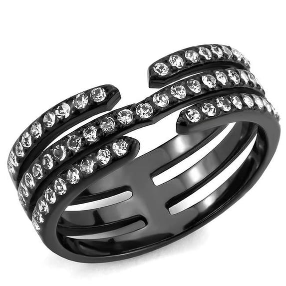 Women IP Black Stainless Steel Ring with Top Grade Crystal in Clear - Size 8