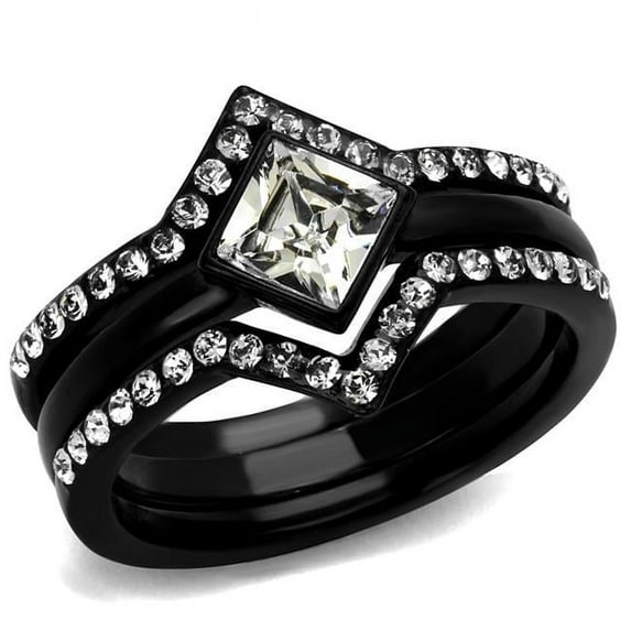 Women IP Black Stainless Steel Ring with Top Grade Crystal in Clear - Size 9