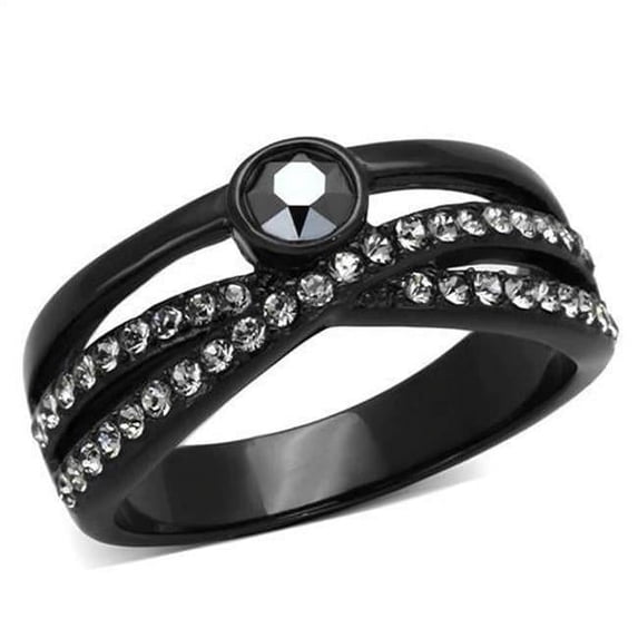 Women IP Black Stainless Steel Ring with Top Grade Crystal in Hematite - Size 10