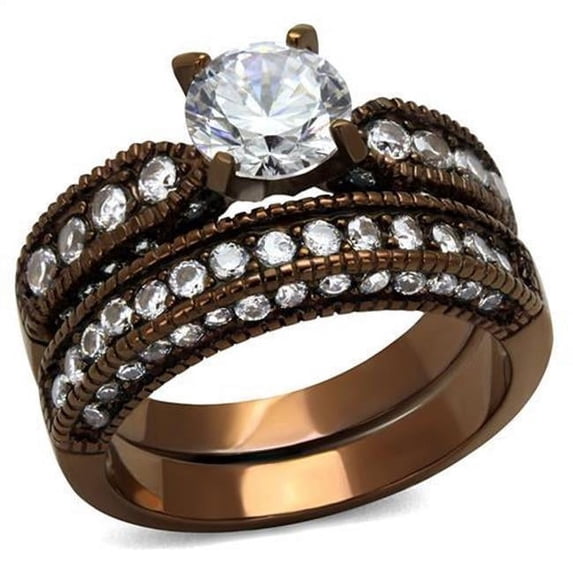 Women IP Coffee Light Stainless Steel Ring with AAA Grade CZ in Clear - Size 9