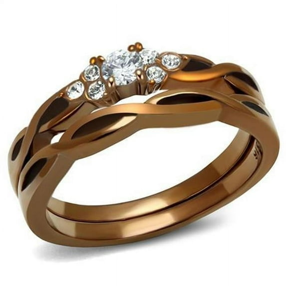 Women IP Coffee Light Stainless Steel Ring with AAA Grade CZ in Clear - Size 9