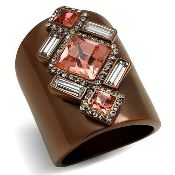 Women IP Coffee Light Stainless Steel Ring with Top Grade Crystal in Rose - Size 8