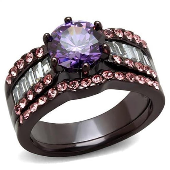 Women IP Dark Brown Stainless Steel Ring with AAA Grade CZ in Amethyst - Size 5