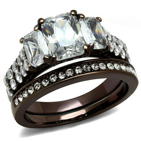 Women IP Dark Brown Stainless Steel Ring with AAA Grade CZ in Clear - Size 10