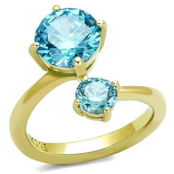 Women IP Gold Stainless Steel Ring with AAA Grade CZ in Sea Blue - Size 5