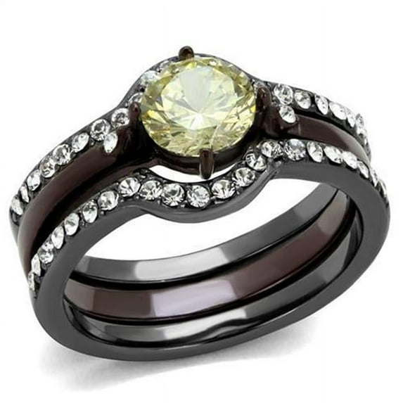 Women IP Light Black & IP Dark Brown Stainless Steel Ring with AAA Grade CZ in Citrine Yellow - Size 10