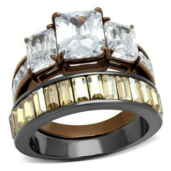 Women IP Light Black & IP Light Coffee Stainless Steel Ring with AAA Grade CZ in Clear - Size 6