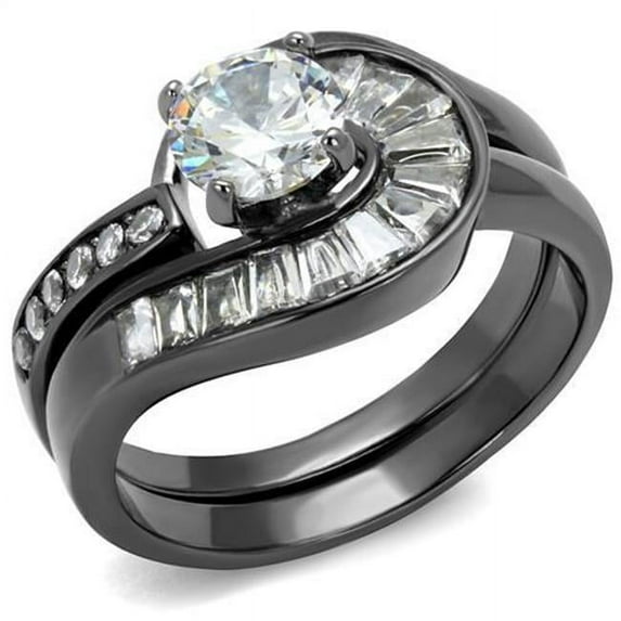 Women IP Light Black Stainless Steel Ring with AAA Grade CZ in Clear - Size 10