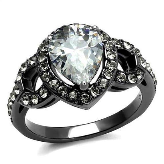 Women IP Light Black Stainless Steel Ring with AAA Grade CZ in Clear - Size 9