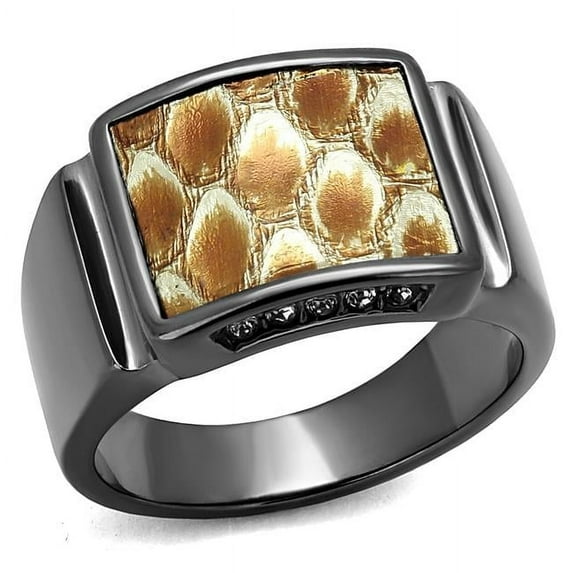 Women IP Light Black Stainless Steel Ring with Leather in Brown - Size 11
