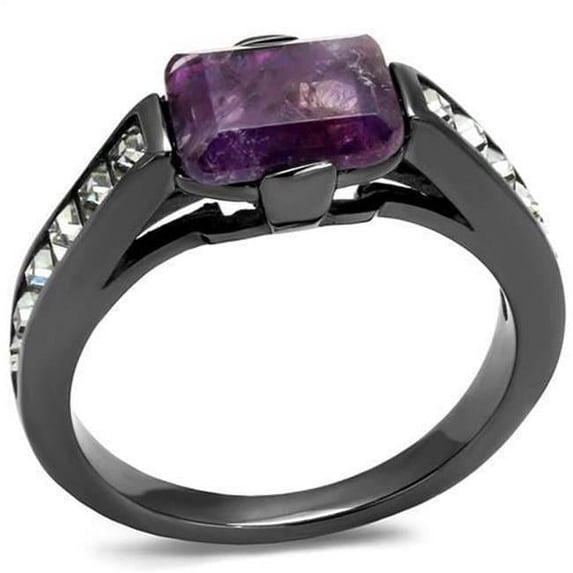 Women IP Light Black Stainless Steel Ring with Precious Stone in Amethyst - Size 9