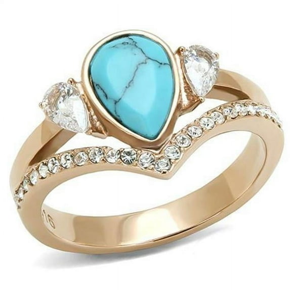Women IP Rose Gold Stainless Steel Ring with Synthetic in Sea Blue - Size 7
