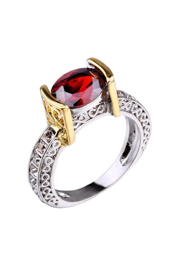 Women Imitation Ruby Ring 18K Gold Plated Crown Two Tone Alloy Gemstone Fashion Jewelry Gift For Her Gift Idea