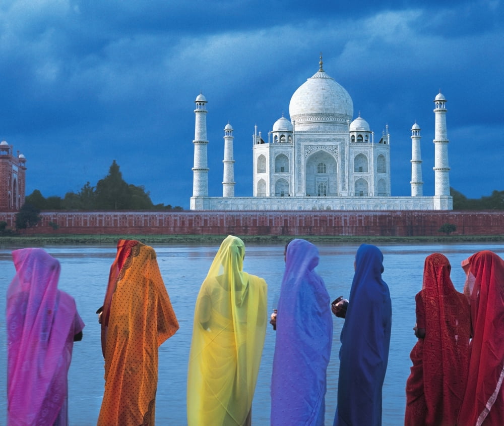 Women In Colorful Saris In Front Of The Taj Mahal Canvas Art - Dinesh Khanna Design Pics (30 x 26)