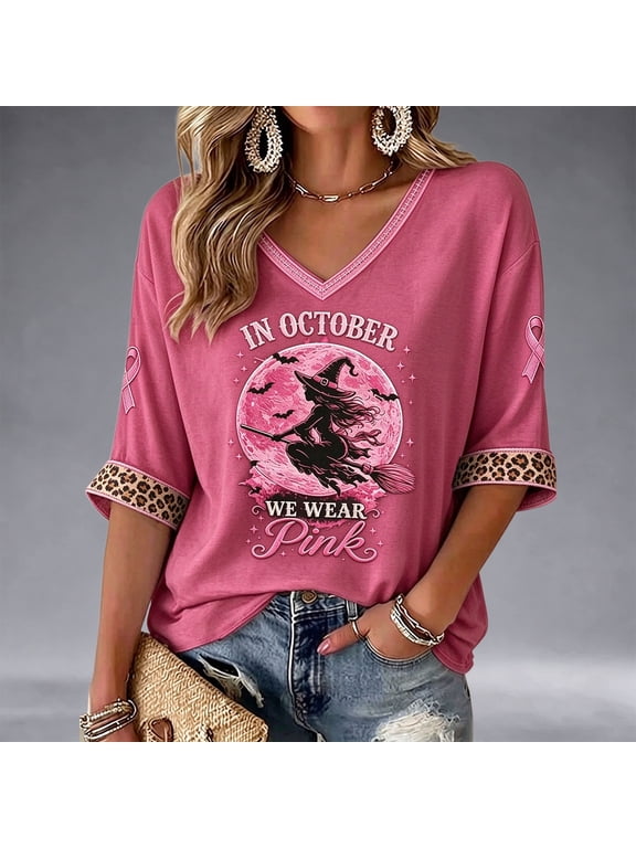 Women In October We Wear Pink Graphic V Neck T-Shirt Casual Breast Cancer Awareness Shirt 3/4 Sleeve Leopard Cuff Halloween Tees