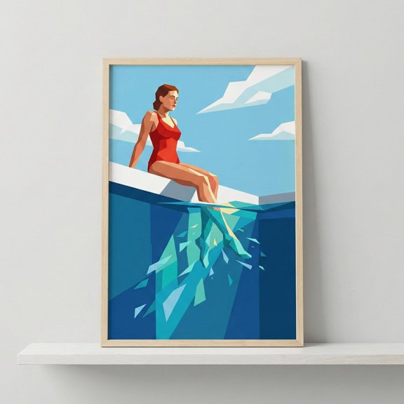 Women In Summer Pool Scene Wall Art Geometric Vector Illustration Red Swimsuit Decor Minim