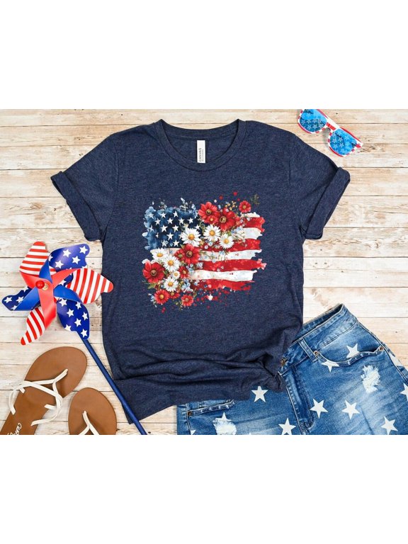 Women Independence Day Floral American Flag USA 4th of July Gift T-Shirt