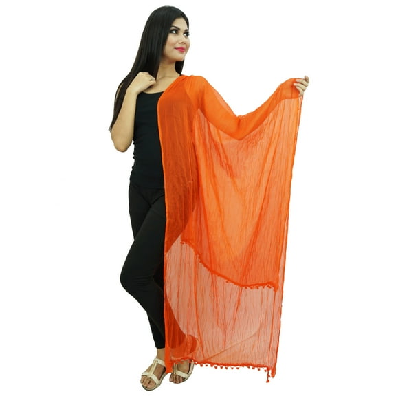 Women Indian Chunni Chiffon Blend Long Pom Fringe Dupatta Scarves Women Fashion Accessory