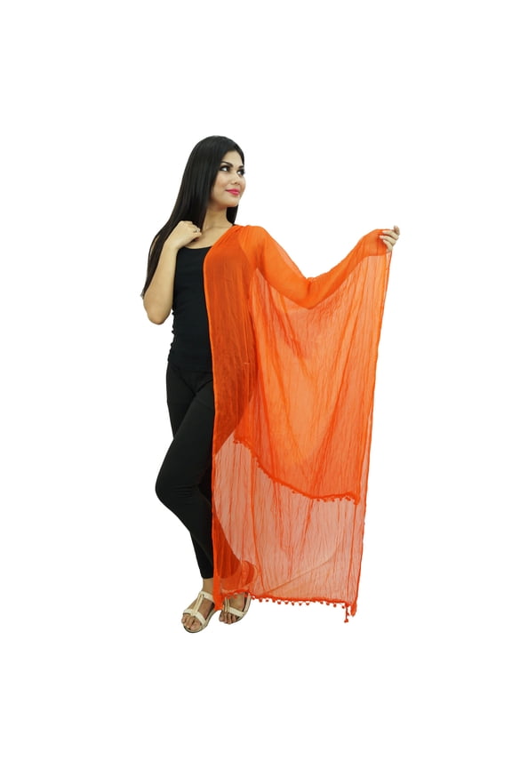 Women Indian Chunni Chiffon Blend Long Pom Fringe Dupatta Scarves Women Fashion Accessory
