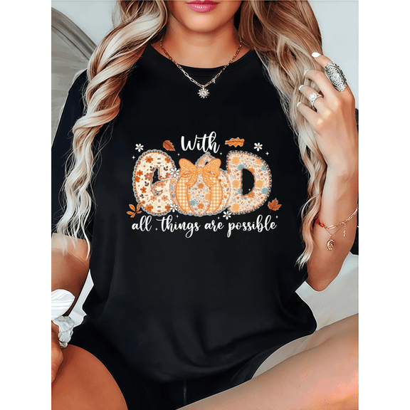 Women Inspirational Graphic T-Shirt "All Things Possible" Quote Tee Fashion Casual Short Sleeve Crew Neck Top black S-5XL