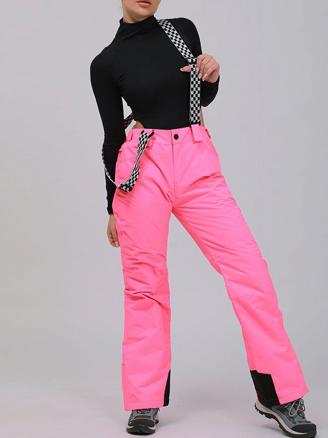 Women Insulated Snow Pants Waterproof Outdoor Ski Bibs with Adjustable  Checkered Suspenders Pink XL