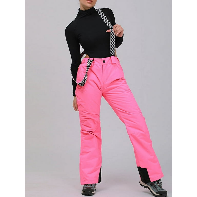 Women Insulated Snow Pants Waterproof Outdoor Ski Bibs with Adjustable  Checkered Suspenders Pink XL 