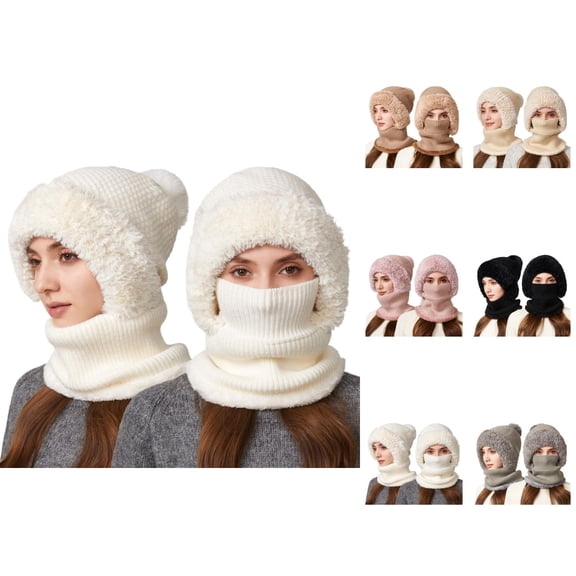 Women Integrated Knit Hat - Plush Fleece Lined Beanie With Neck Warmer, Ear Flap Windproof Warm Stocking Stuffers, For Cold Weather Outdoor Sports